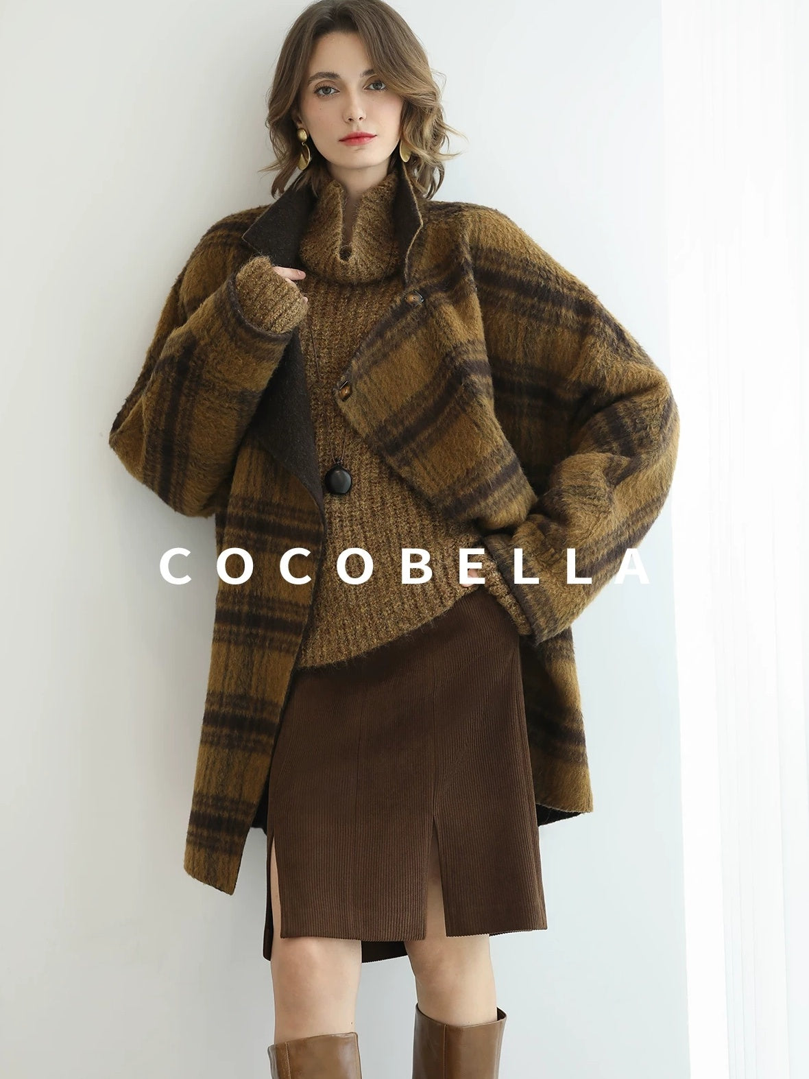 COCOBELLA Reversible Wool Blend Plaid British Straight Cut Women Tailored Mid Length Coats