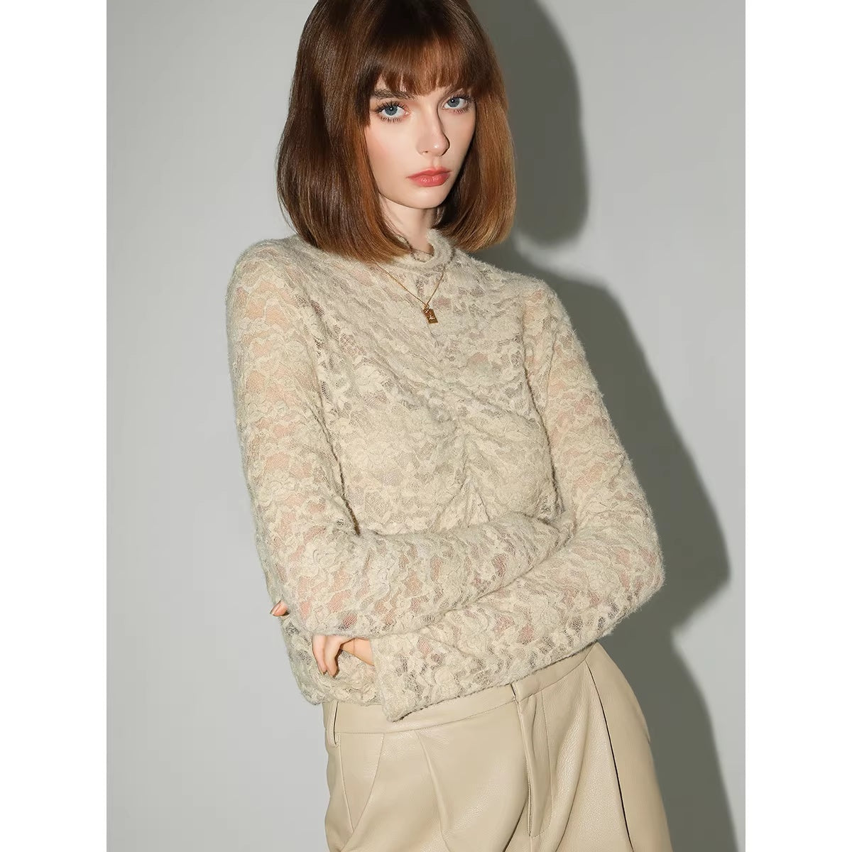 COCOBELLA_Ruched_Lace_French_Slim_Half_High_Neck_Long_Sleeve_Nylon_Stretch_Women_T-Shirts_MISSTT