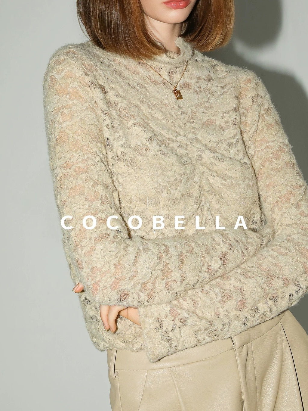 COCOBELLA Ruched Lace French Slim Half High Neck Long Sleeve Nylon Stretch Women T-Shirts