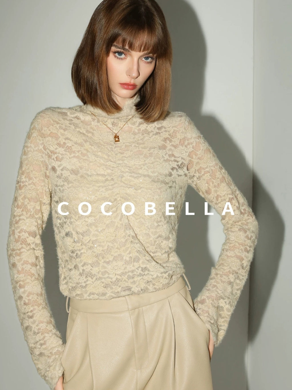 COCOBELLA Ruched Lace French Slim Half High Neck Long Sleeve Nylon Stretch Women T-Shirts