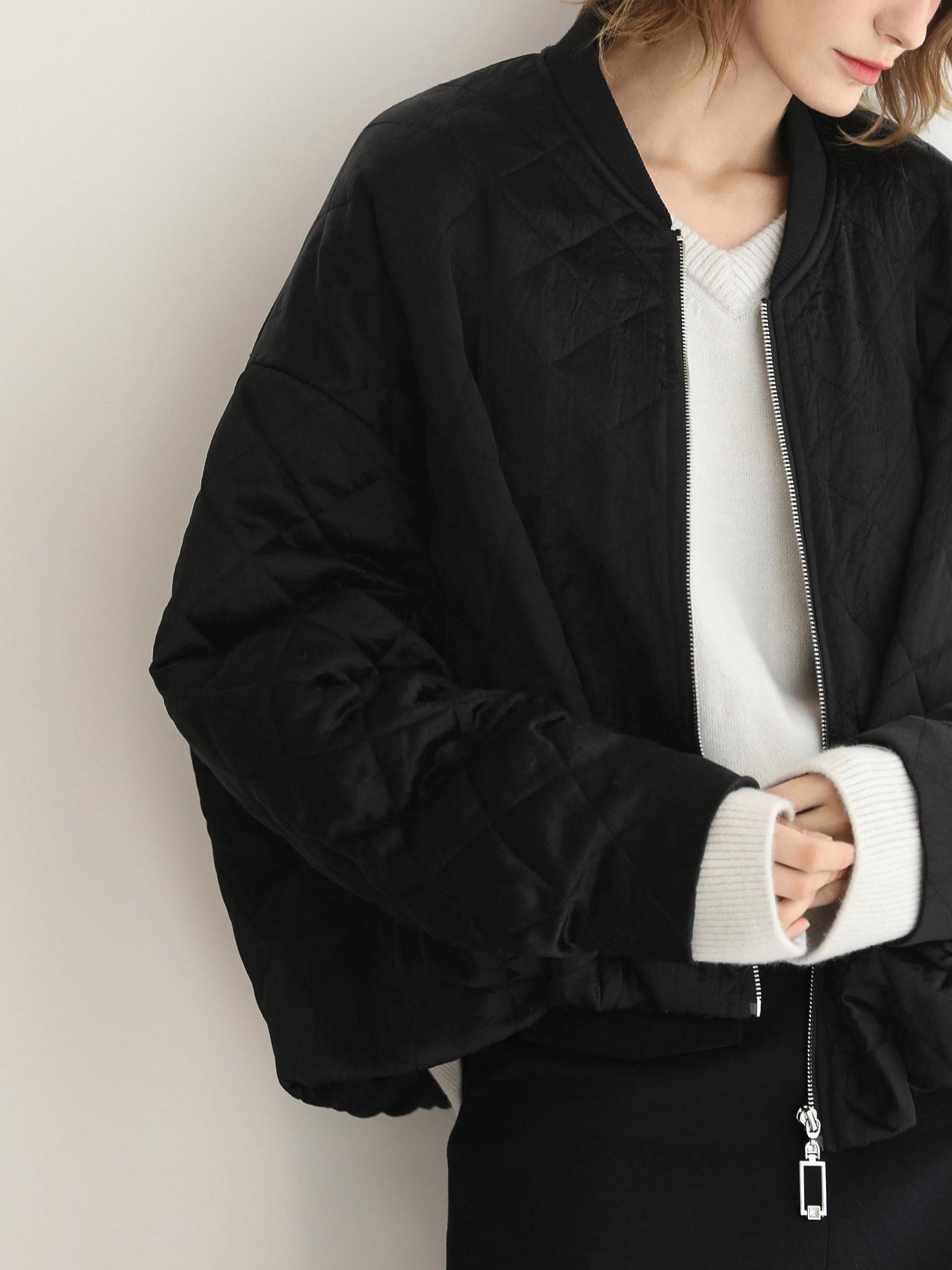 COCOBELLA Ruched Pocket Short Straight Fit Street Sporty Black Zip Front Padded Jackets