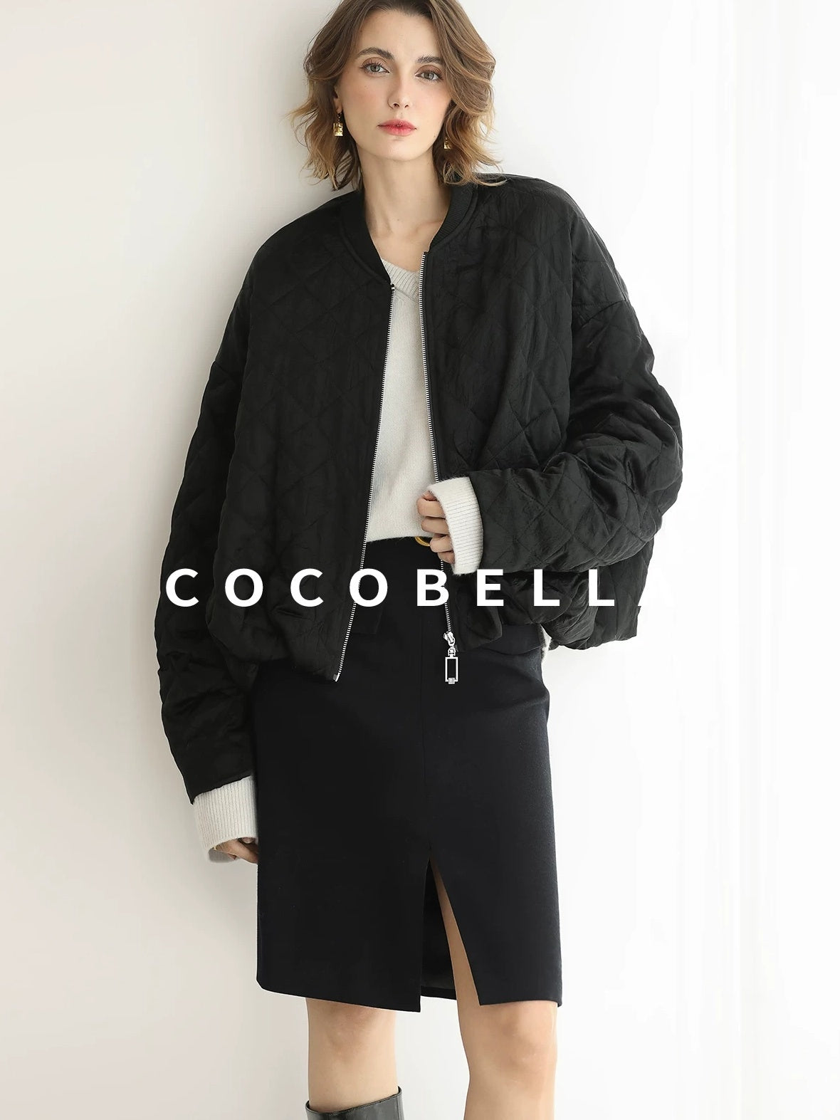 COCOBELLA Ruched Pocket Short Straight Fit Street Sporty Black Zip Front Padded Jackets