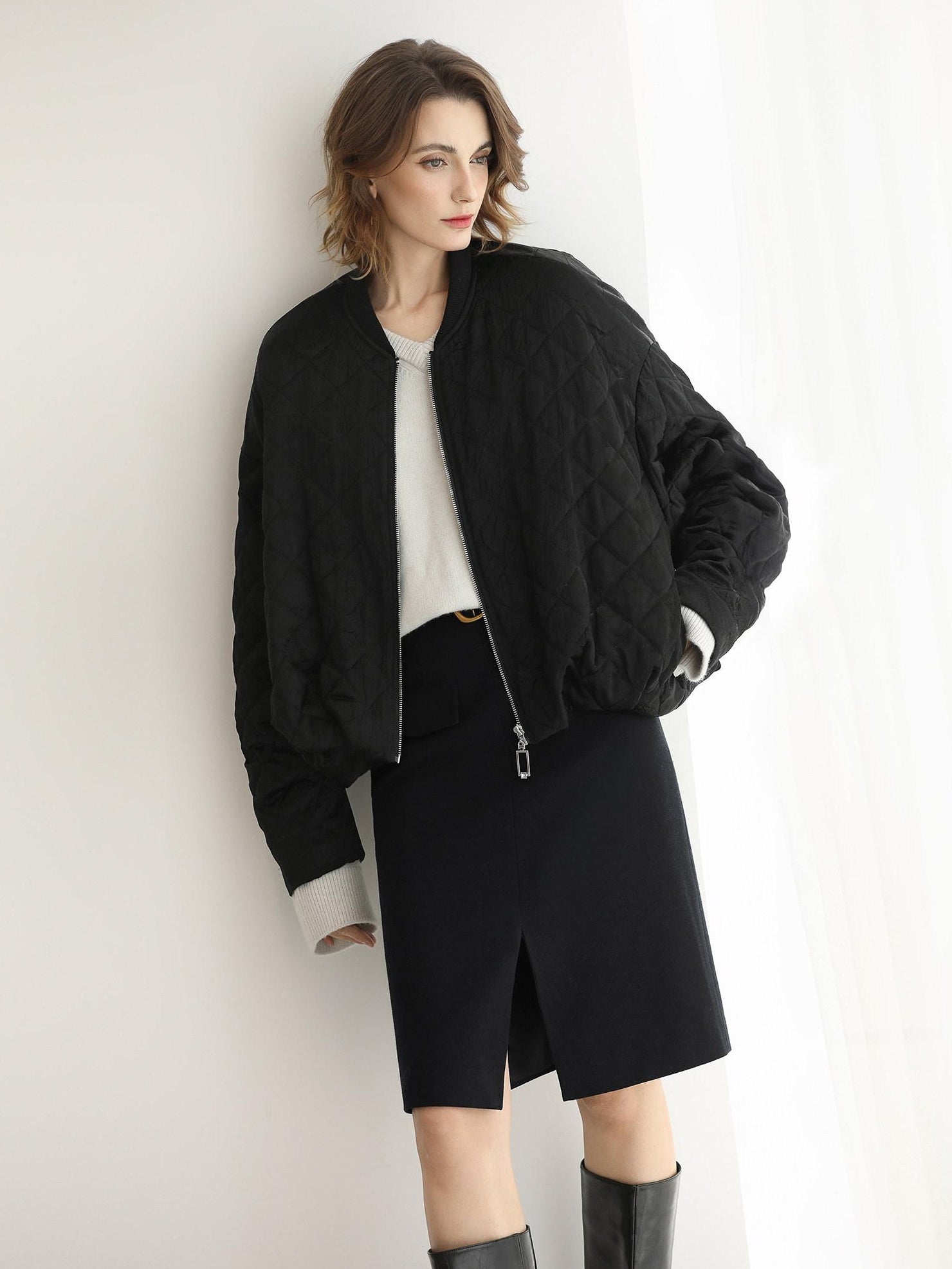 COCOBELLA Ruched Pocket Short Straight Fit Street Sporty Black Zip Front Padded Jackets