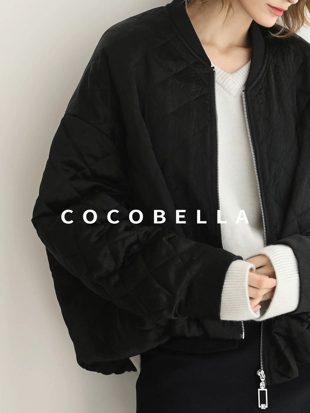 COCOBELLA Ruched Pocket Short Straight Fit Street Sporty Black Zip Front Padded Jackets