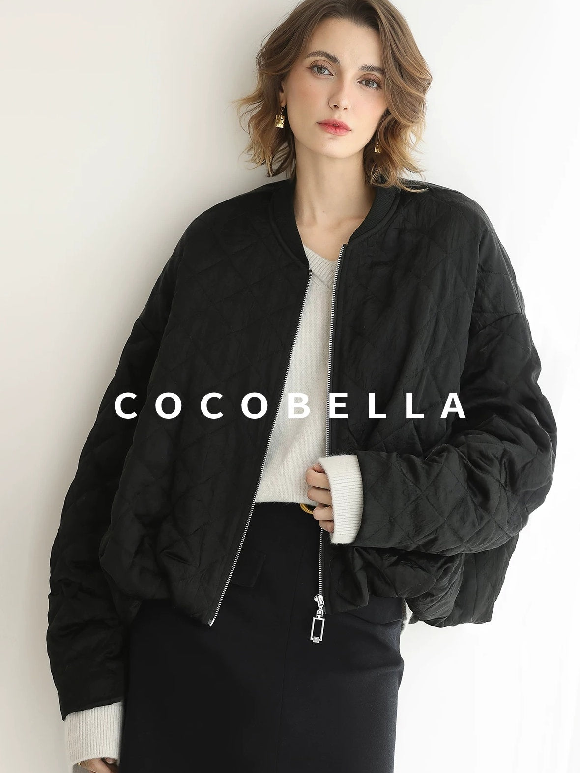 COCOBELLA Ruched Pocket Short Straight Fit Street Sporty Black Zip Front Padded Jackets