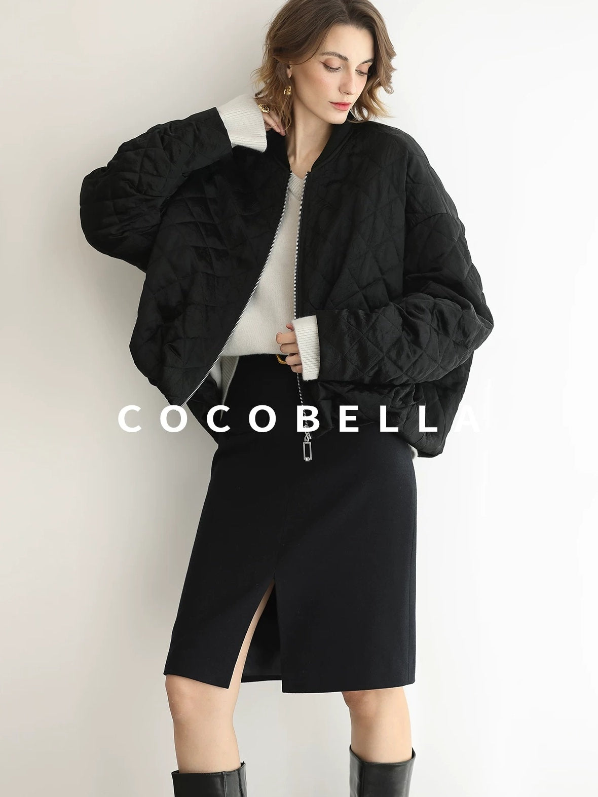 COCOBELLA Ruched Pocket Short Straight Fit Street Sporty Black Zip Front Padded Jackets