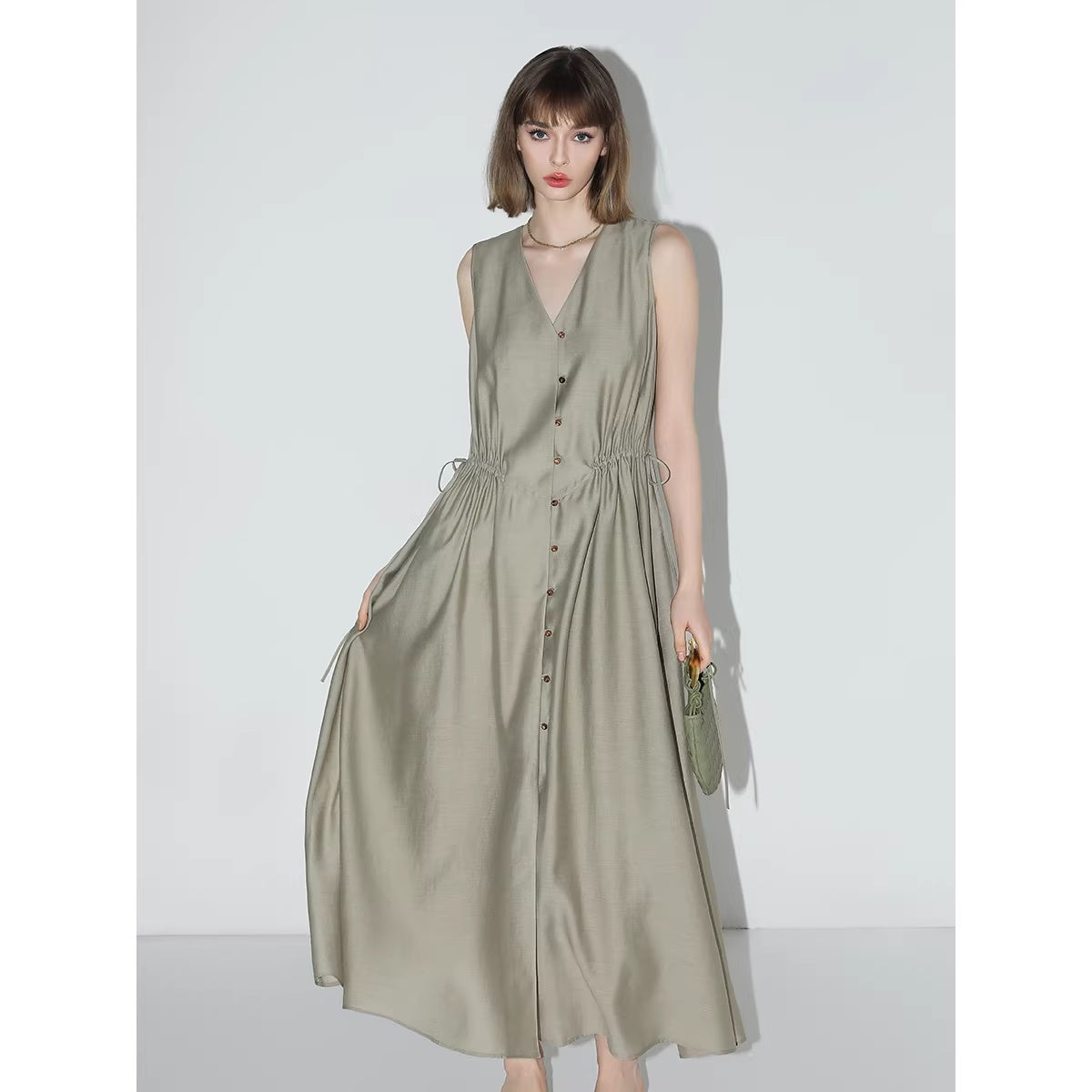 COCOBELLA_Ruched_V_Neck_Sleeveless_Adjustable_Waist_Flared_A_Line_Work_Travel_Dresses_MISSTT