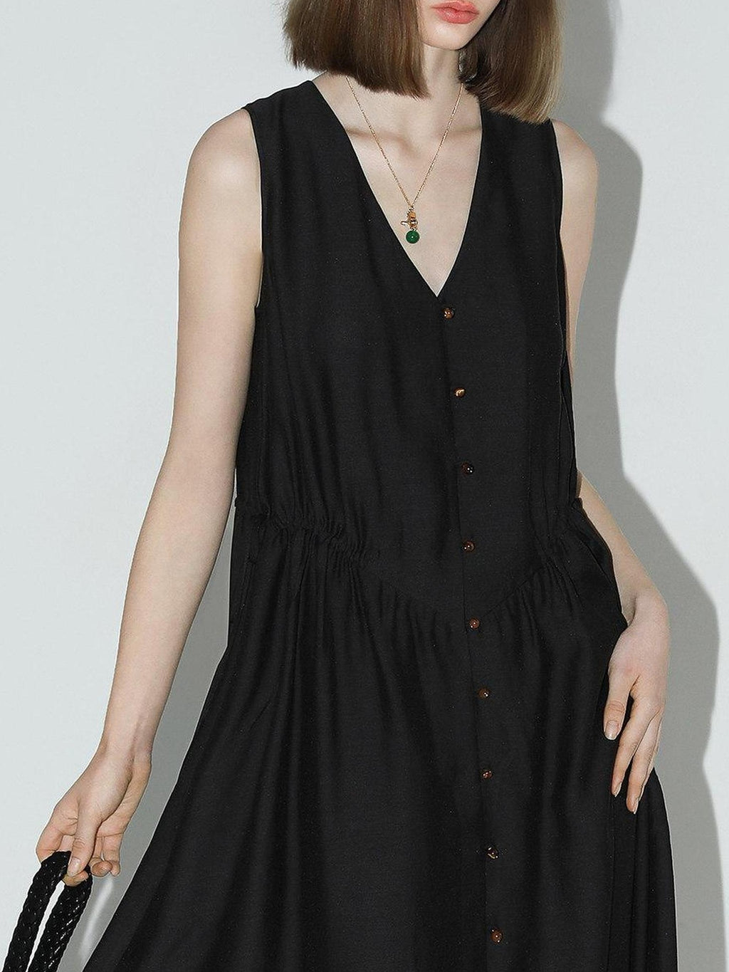 COCOBELLA Ruched V Neck Sleeveless Adjustable Waist Flared A Line Work Travel Dresses