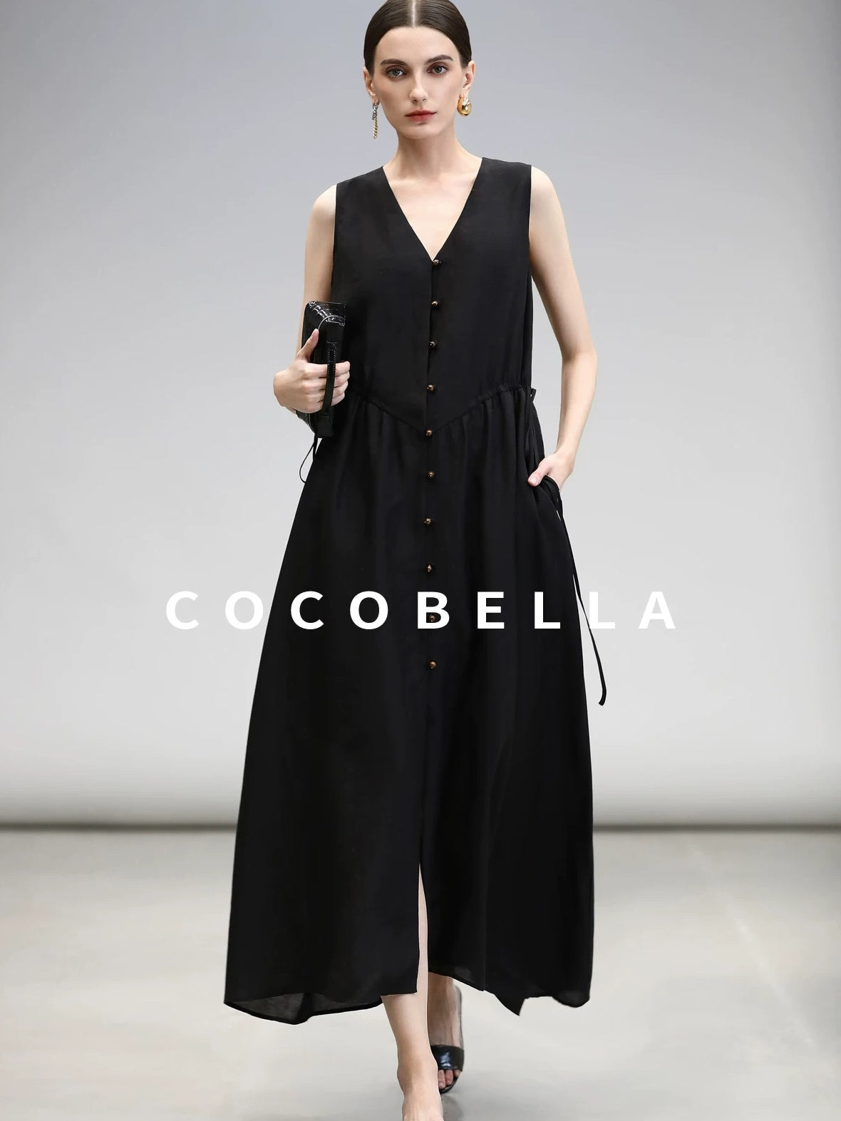COCOBELLA Ruched V Neck Sleeveless Adjustable Waist Flared A Line Work Travel Dresses
