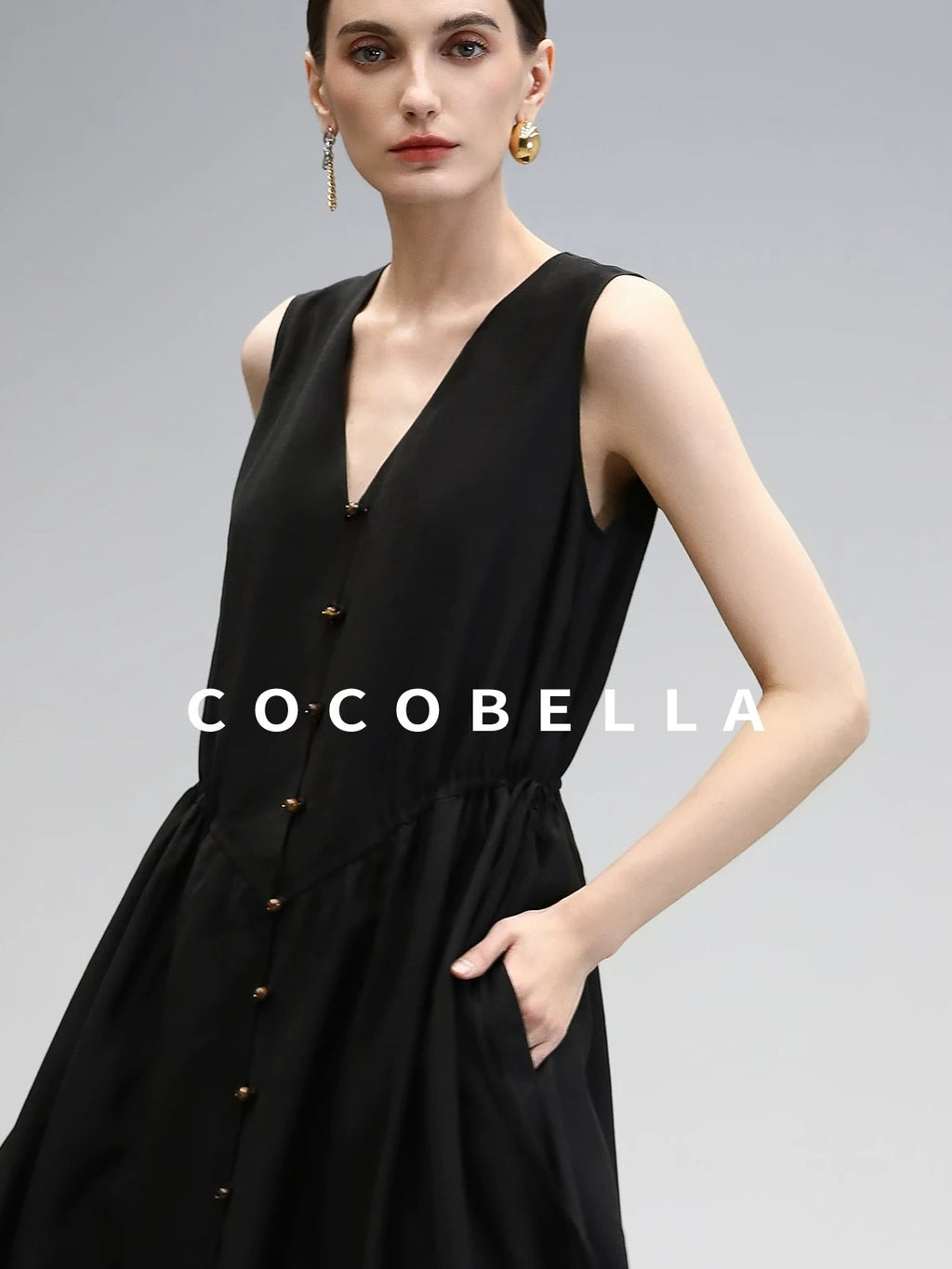 COCOBELLA Ruched V Neck Sleeveless Adjustable Waist Flared A Line Work Travel Dresses