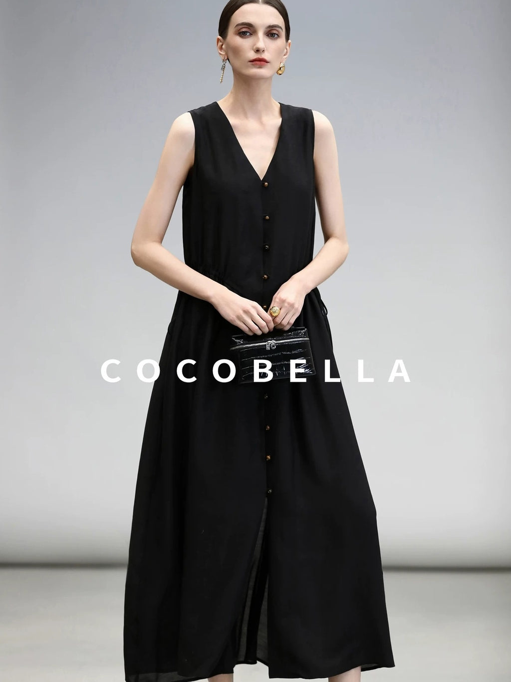 COCOBELLA Ruched V Neck Sleeveless Adjustable Waist Flared A Line Work Travel Dresses
