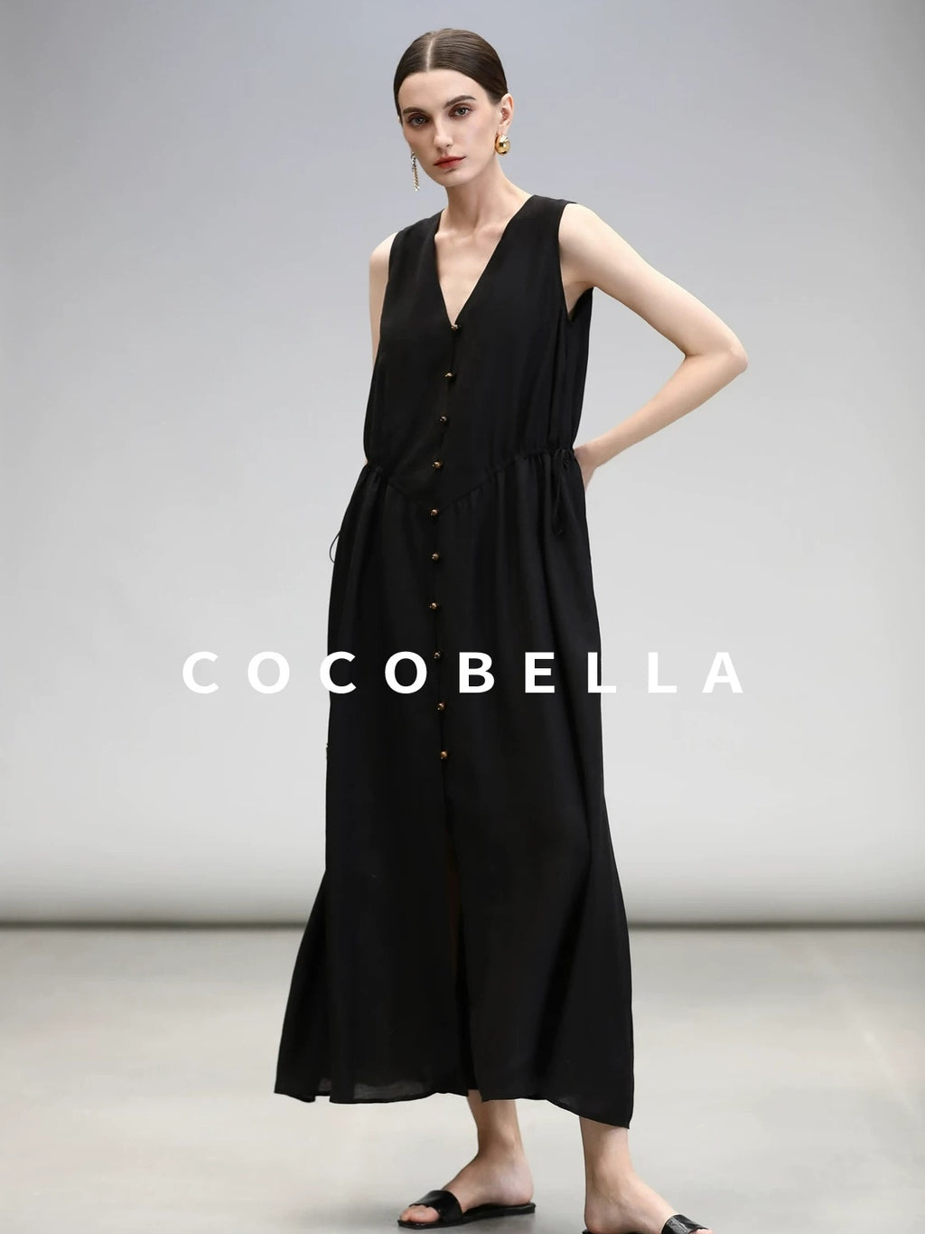 COCOBELLA Ruched V Neck Sleeveless Adjustable Waist Flared A Line Work Travel Dresses