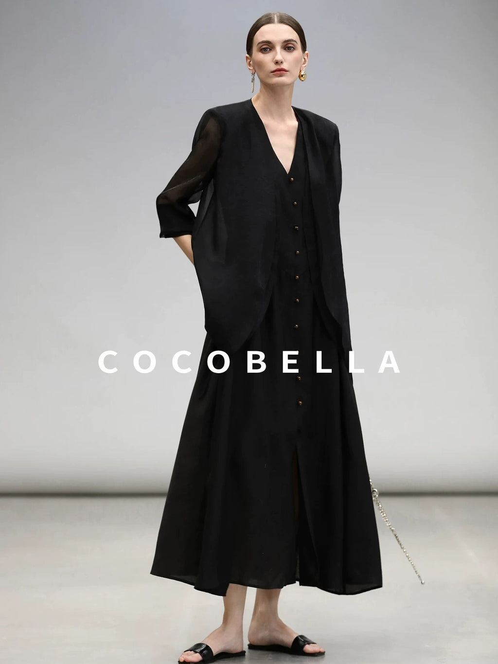 COCOBELLA Ruched V Neck Sleeveless Adjustable Waist Flared A Line Work Travel Dresses