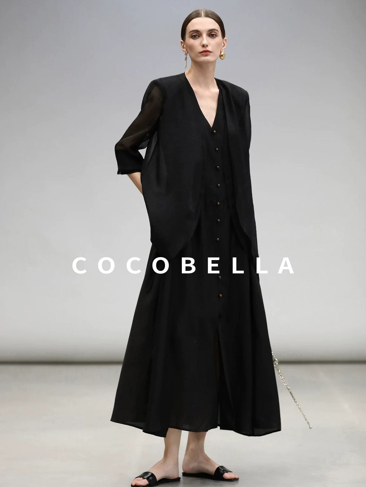 COCOBELLA Ruched V Neck Sleeveless Adjustable Waist Flared A Line Work Travel Dresses