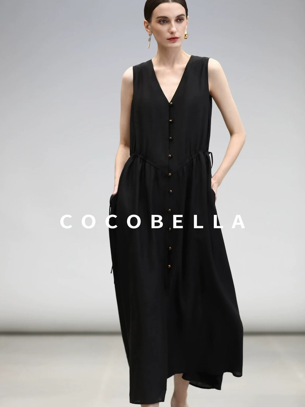 COCOBELLA Ruched V Neck Sleeveless Adjustable Waist Flared A Line Work Travel Dresses