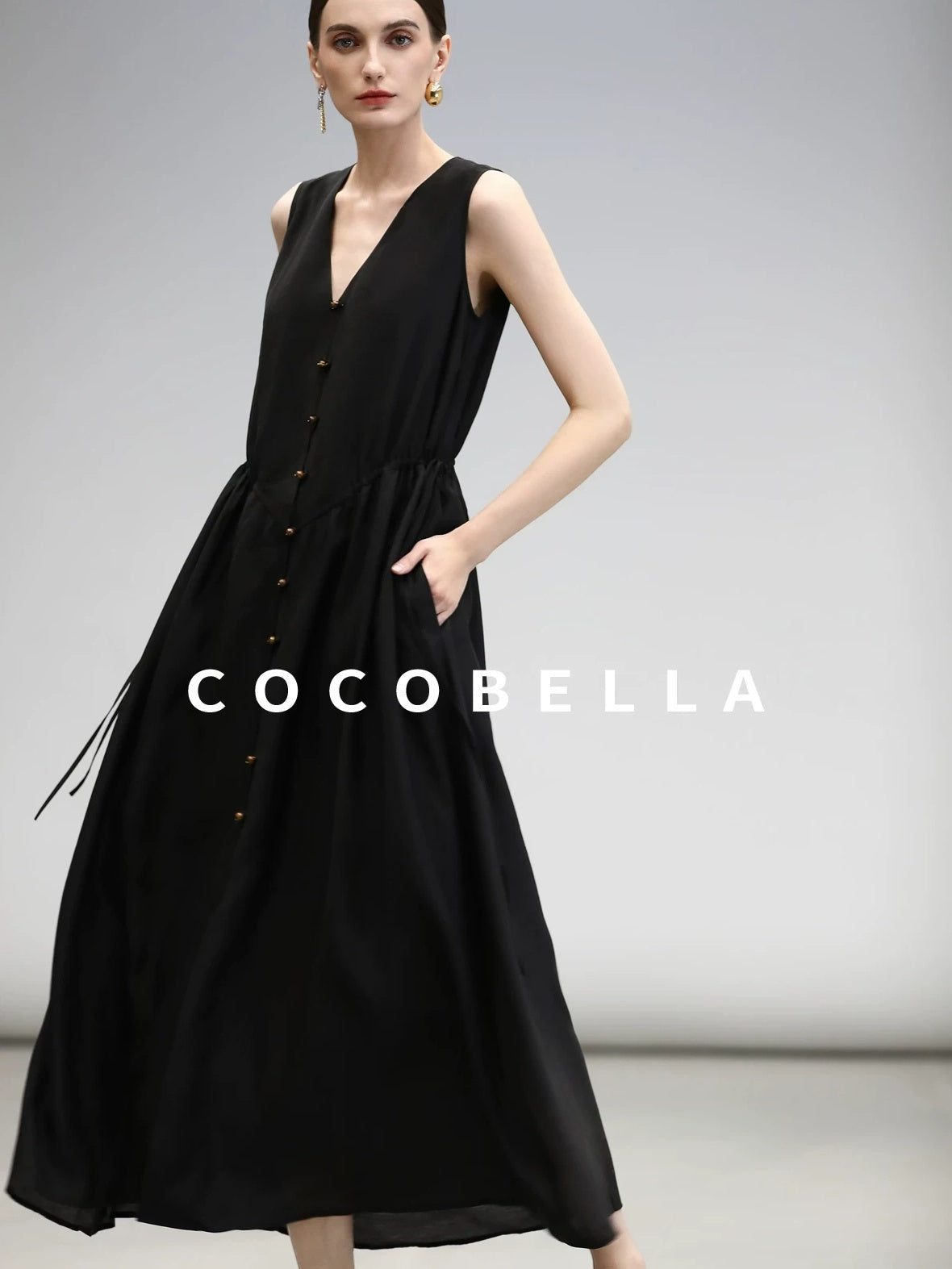 COCOBELLA Ruched V Neck Sleeveless Adjustable Waist Flared A Line Work Travel Dresses