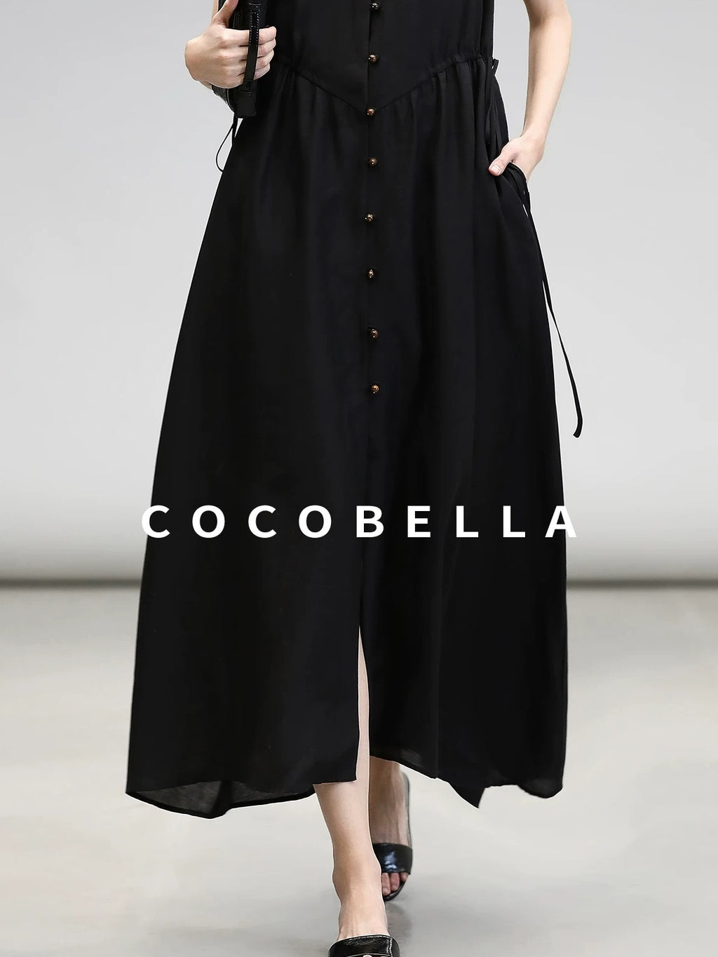 COCOBELLA Ruched V Neck Sleeveless Adjustable Waist Flared A Line Work Travel Dresses