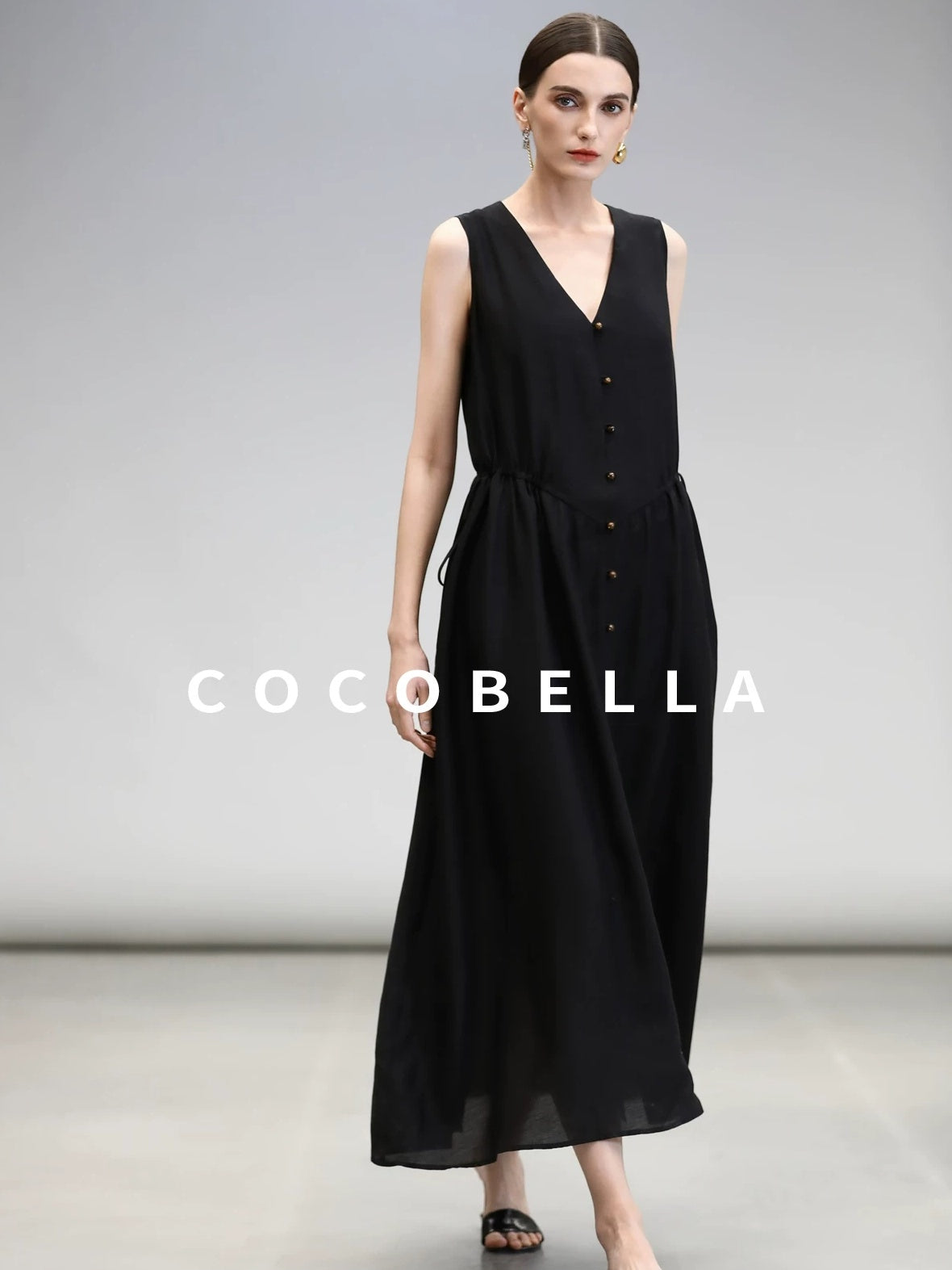 COCOBELLA Ruched V Neck Sleeveless Adjustable Waist Flared A Line Work Travel Dresses