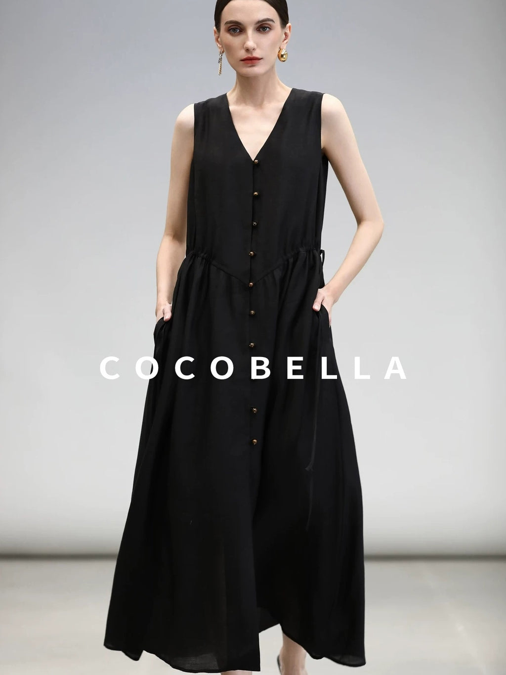 COCOBELLA Ruched V Neck Sleeveless Adjustable Waist Flared A Line Work Travel Dresses