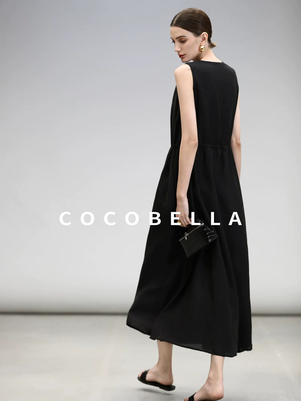 COCOBELLA Ruched V Neck Sleeveless Adjustable Waist Flared A Line Work Travel Dresses