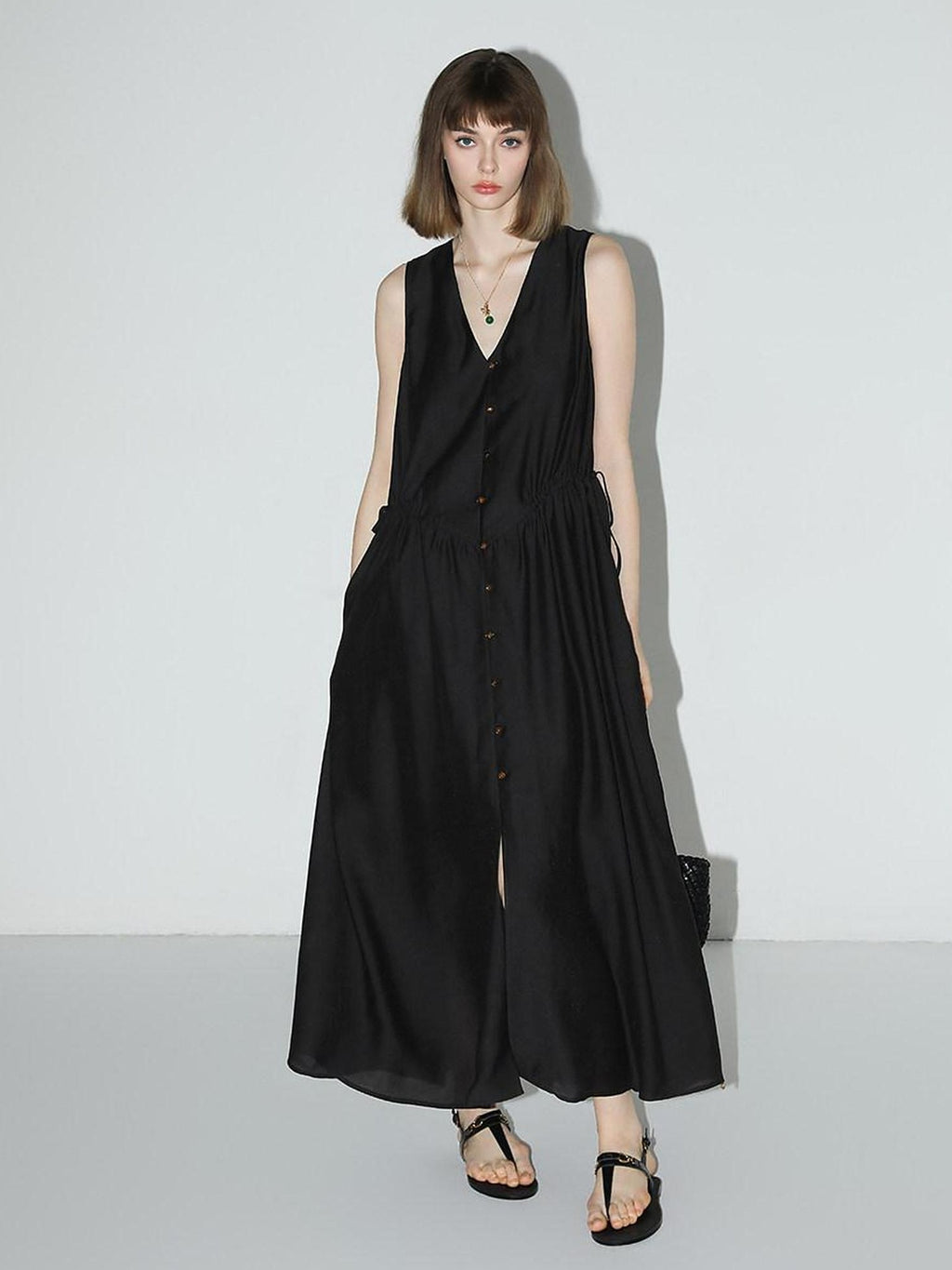 COCOBELLA Ruched V Neck Sleeveless Adjustable Waist Flared A Line Work Travel Dresses