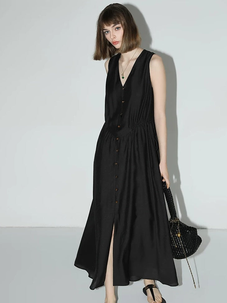 COCOBELLA Ruched V Neck Sleeveless Adjustable Waist Flared A Line Work Travel Dresses