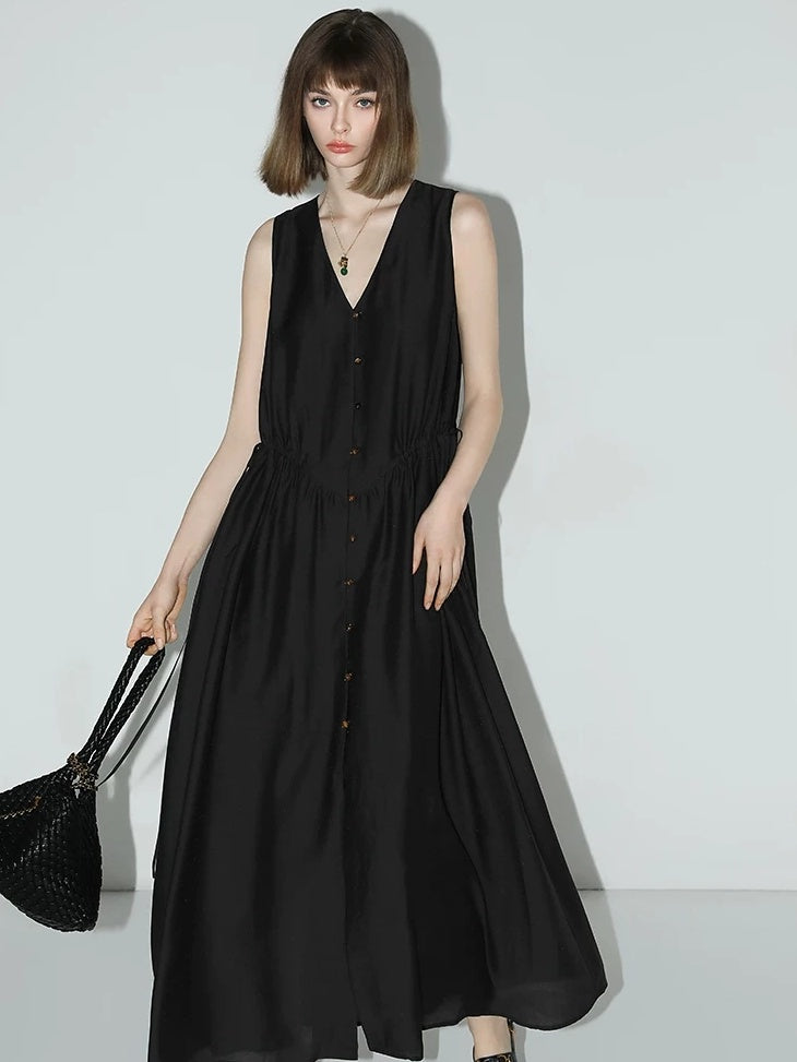 COCOBELLA Ruched V Neck Sleeveless Adjustable Waist Flared A Line Work Travel Dresses