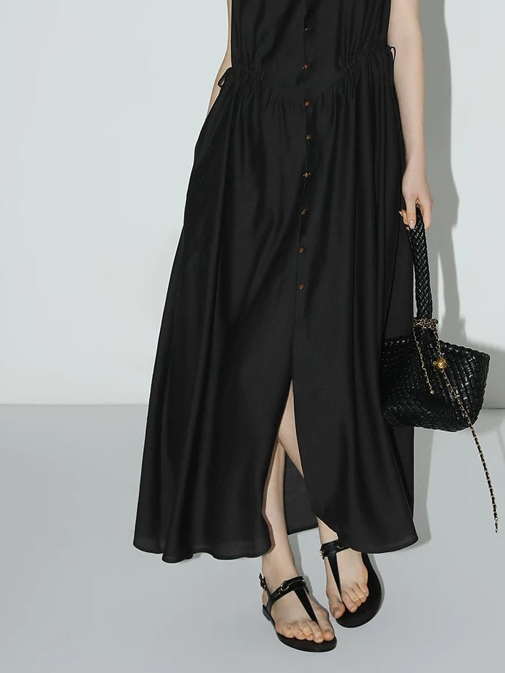 COCOBELLA Ruched V Neck Sleeveless Adjustable Waist Flared A Line Work Travel Dresses