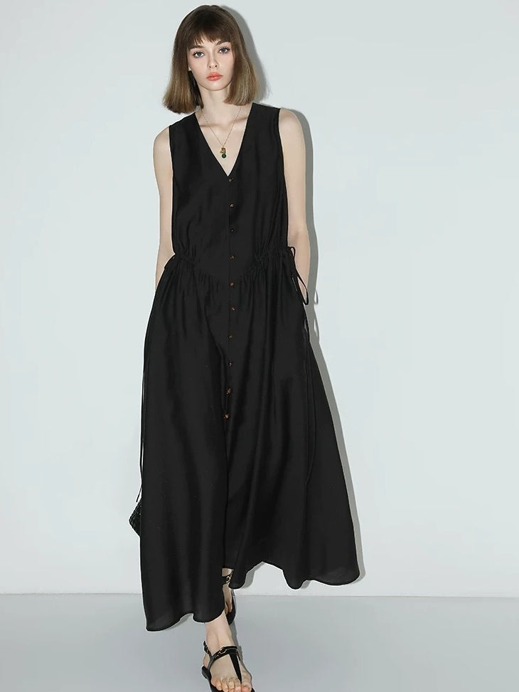 COCOBELLA Ruched V Neck Sleeveless Adjustable Waist Flared A Line Work Travel Dresses