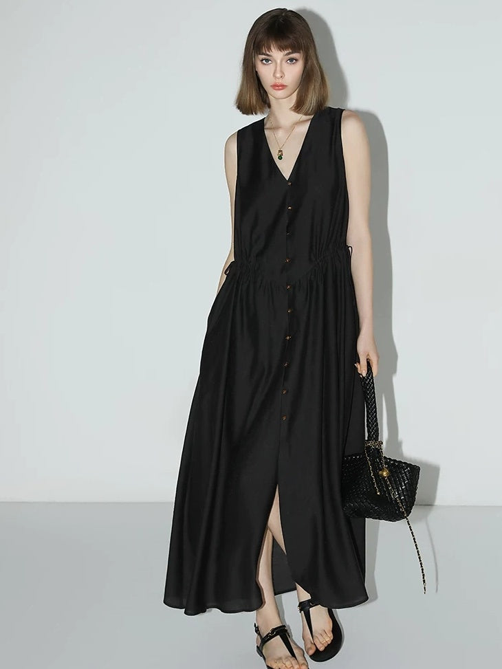 COCOBELLA Ruched V Neck Sleeveless Adjustable Waist Flared A Line Work Travel Dresses