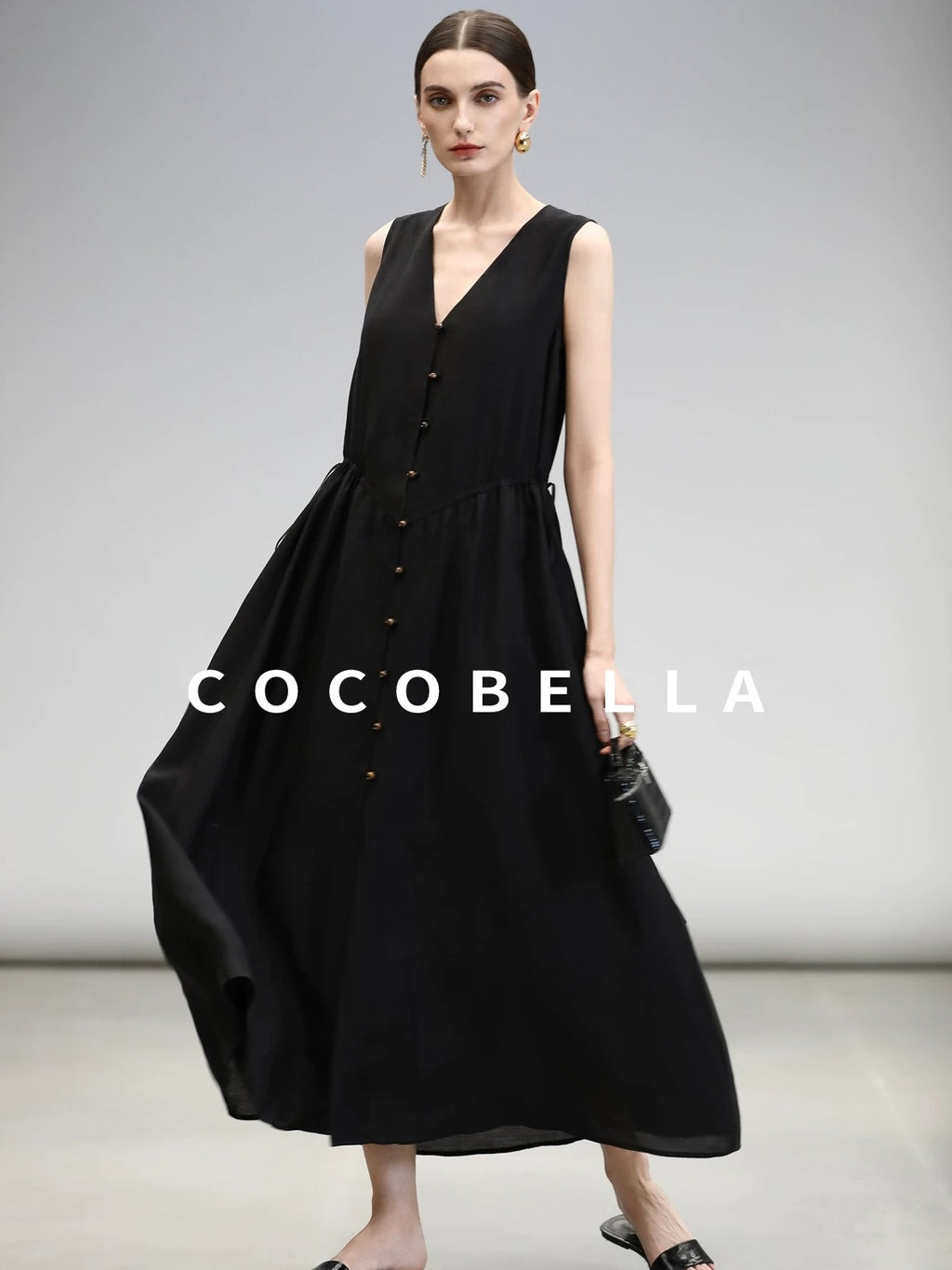 COCOBELLA Ruched V Neck Sleeveless Adjustable Waist Flared A Line Work Travel Dresses