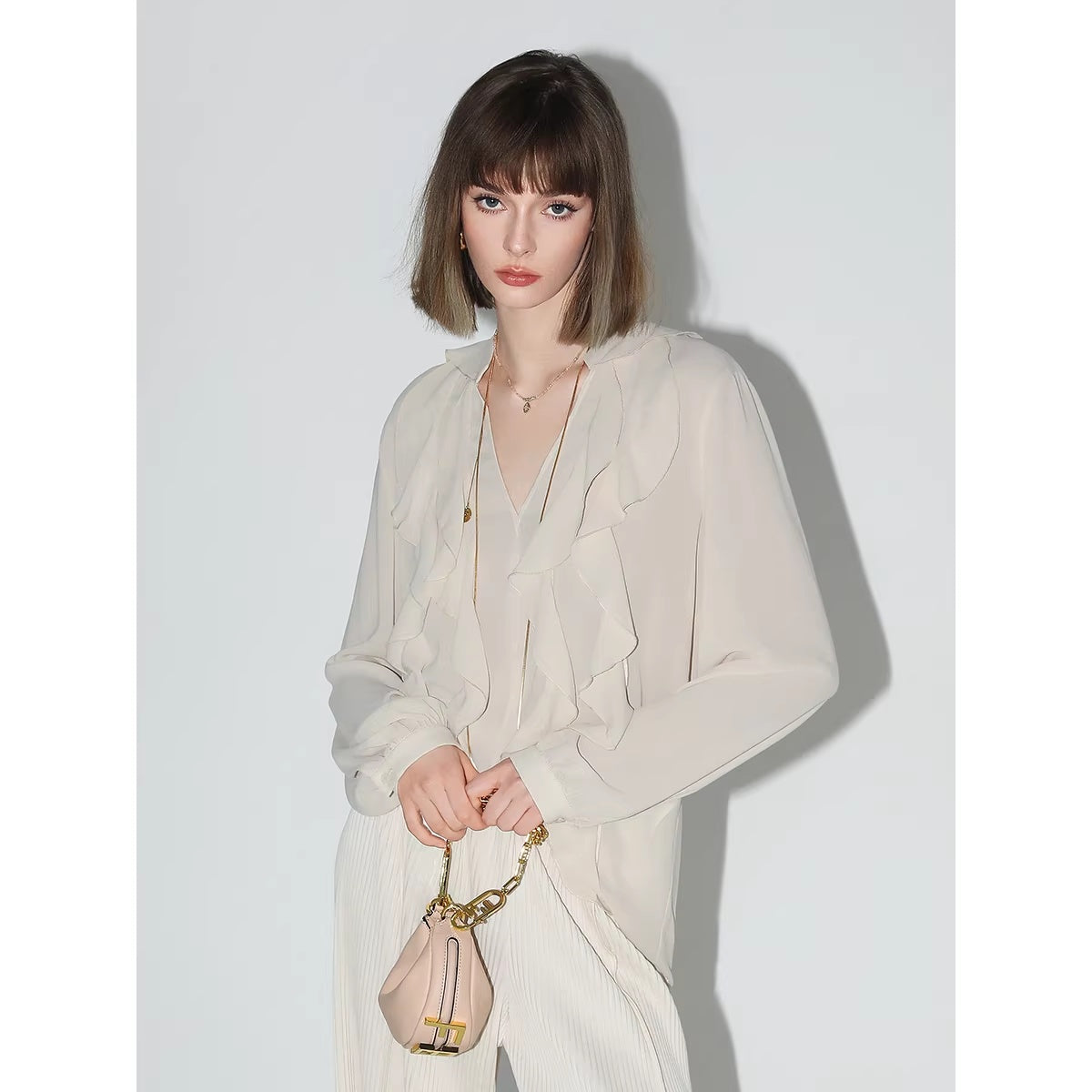 COCOBELLA_Ruffle_V_Neck_French_Straight_Cut_Long_Sleeve_Women_Polyester_Beige_Shirts_MISSTT