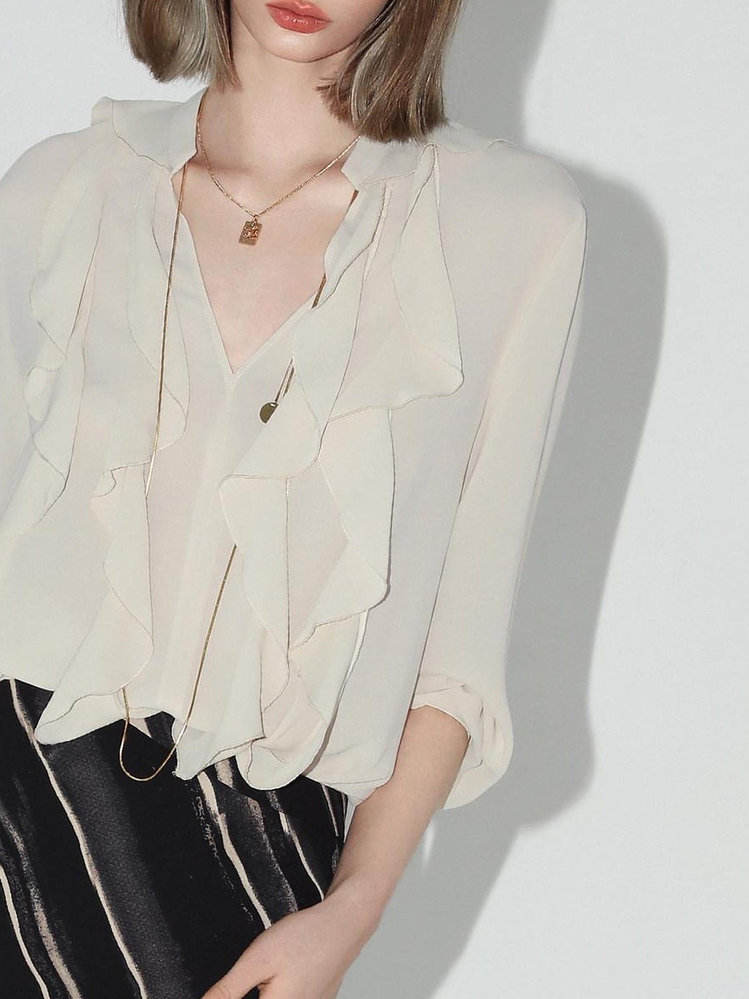 COCOBELLA Ruffle V Neck French Straight Cut Long Sleeve Women Polyester Beige Shirts