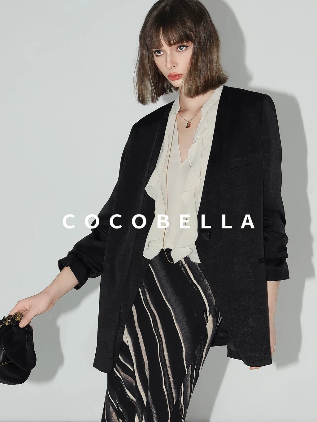 COCOBELLA Ruffle V Neck French Straight Cut Long Sleeve Women Polyester Beige Shirts