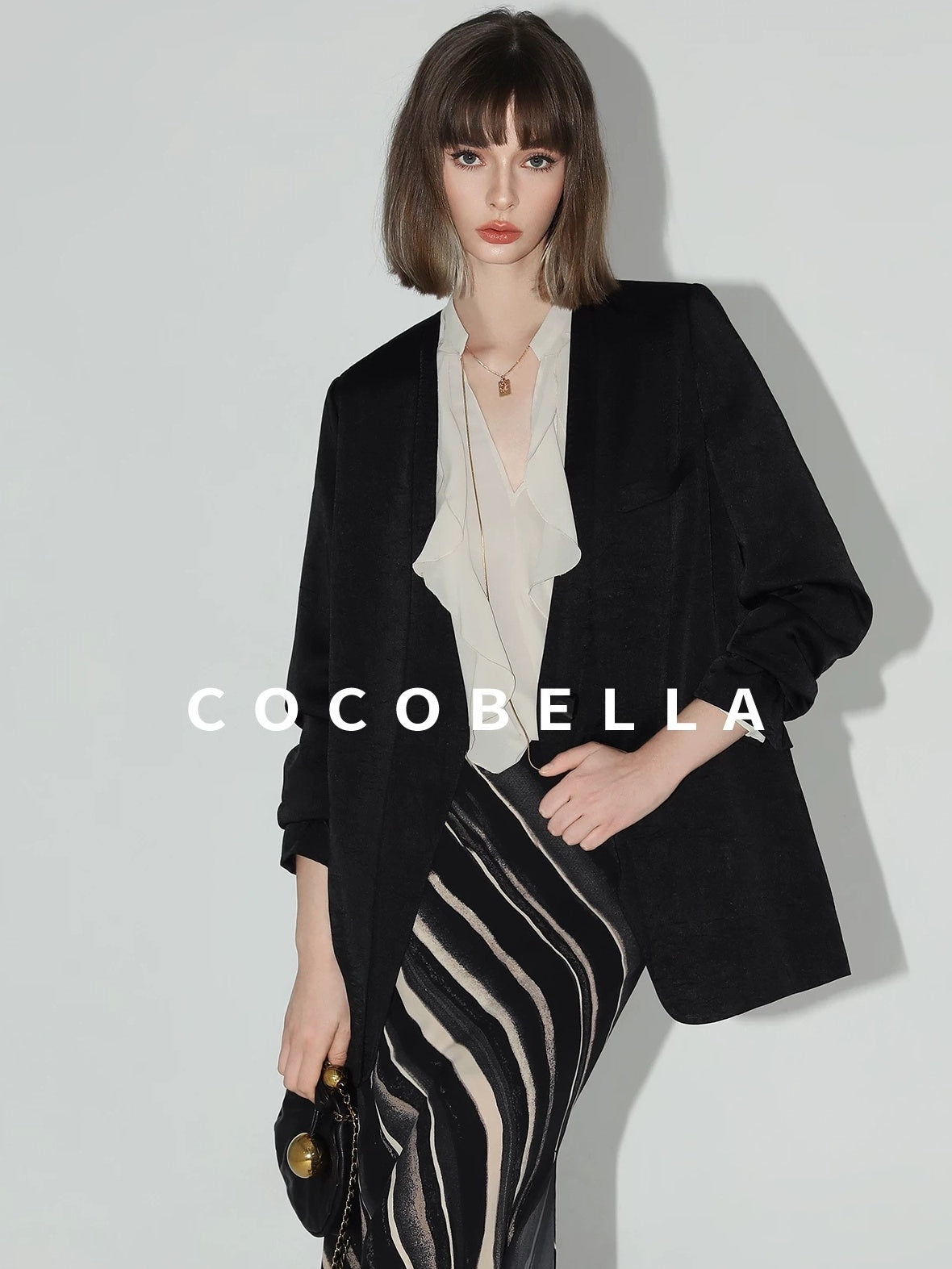 COCOBELLA Ruffle V Neck French Straight Cut Long Sleeve Women Polyester Beige Shirts