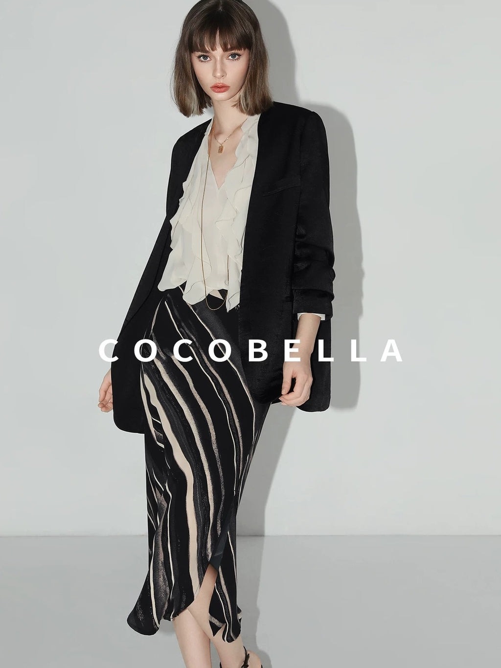 COCOBELLA Ruffle V Neck French Straight Cut Long Sleeve Women Polyester Beige Shirts