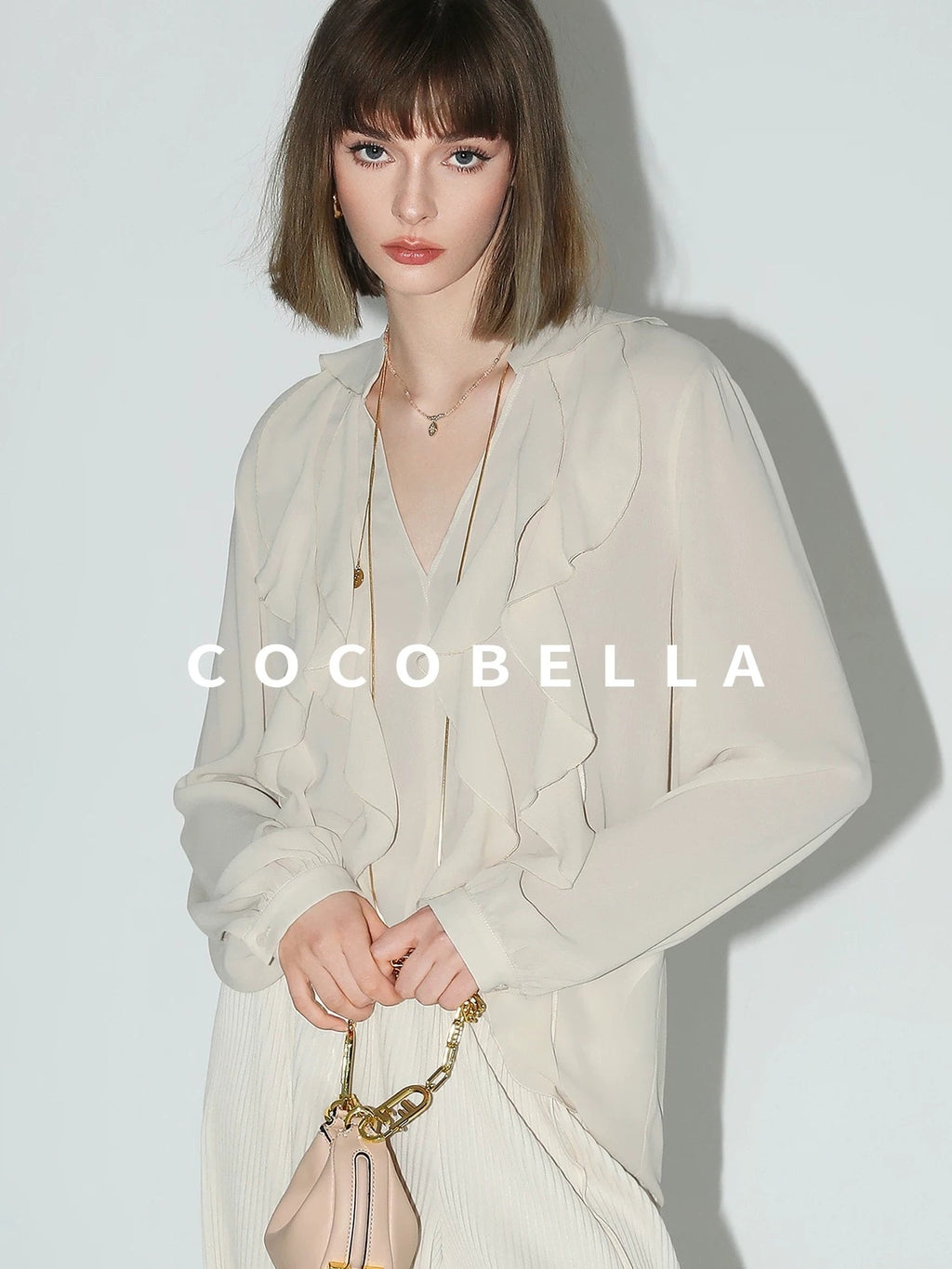 COCOBELLA Ruffle V Neck French Straight Cut Long Sleeve Women Polyester Beige Shirts