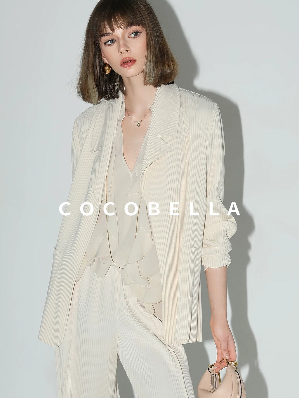 COCOBELLA Ruffle V Neck French Straight Cut Long Sleeve Women Polyester Beige Shirts