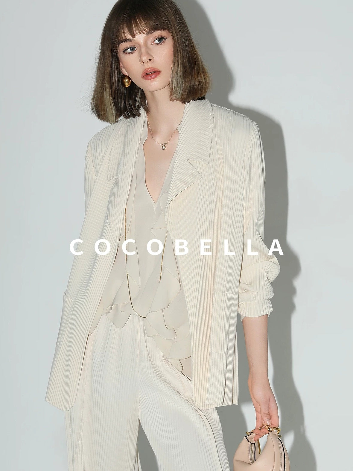 COCOBELLA Ruffle V Neck French Straight Cut Long Sleeve Women Polyester Beige Shirts