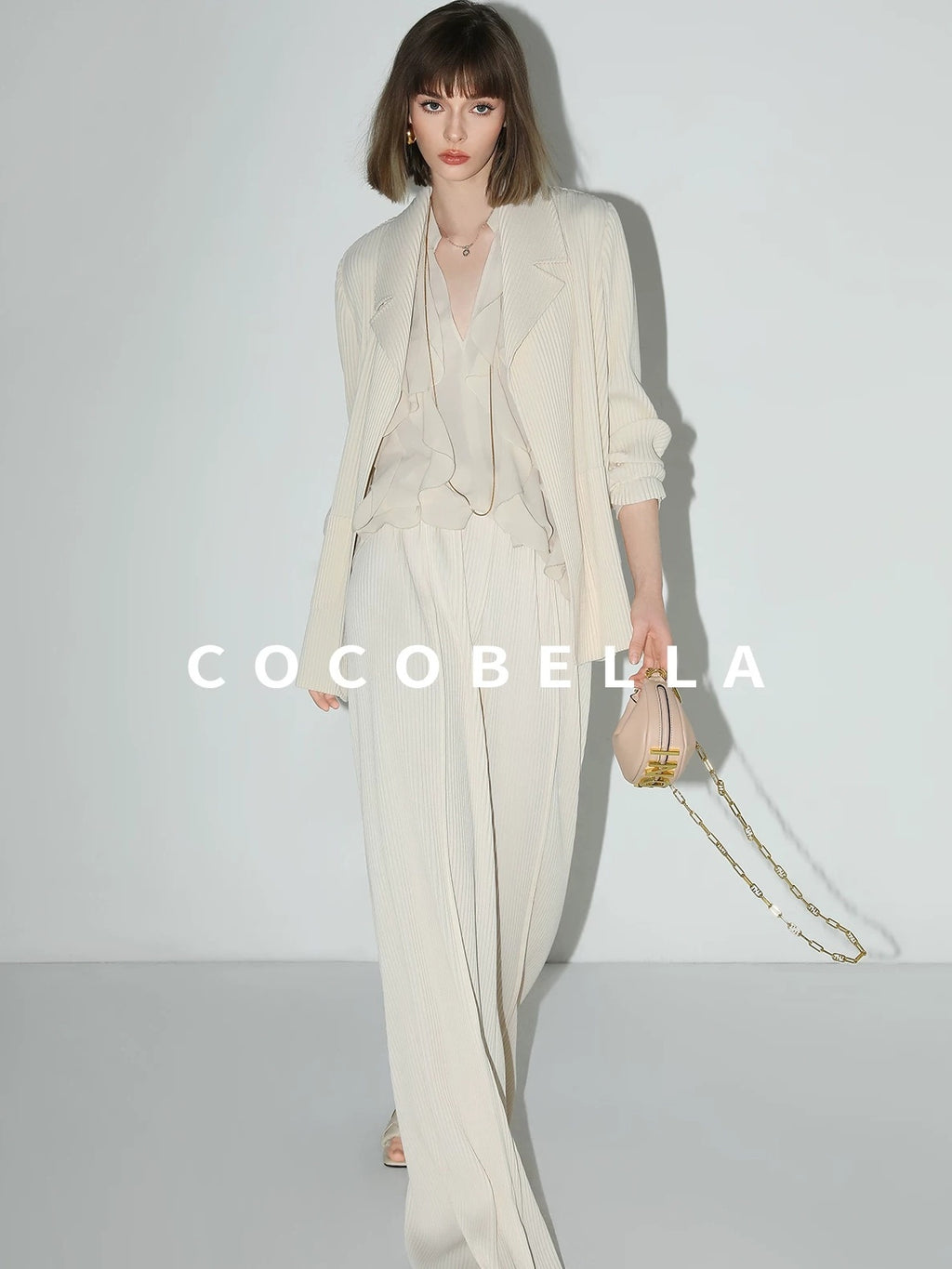 COCOBELLA Ruffle V Neck French Straight Cut Long Sleeve Women Polyester Beige Shirts