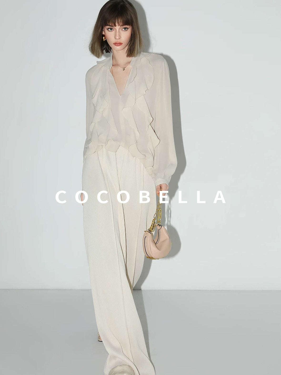 COCOBELLA Ruffle V Neck French Straight Cut Long Sleeve Women Polyester Beige Shirts