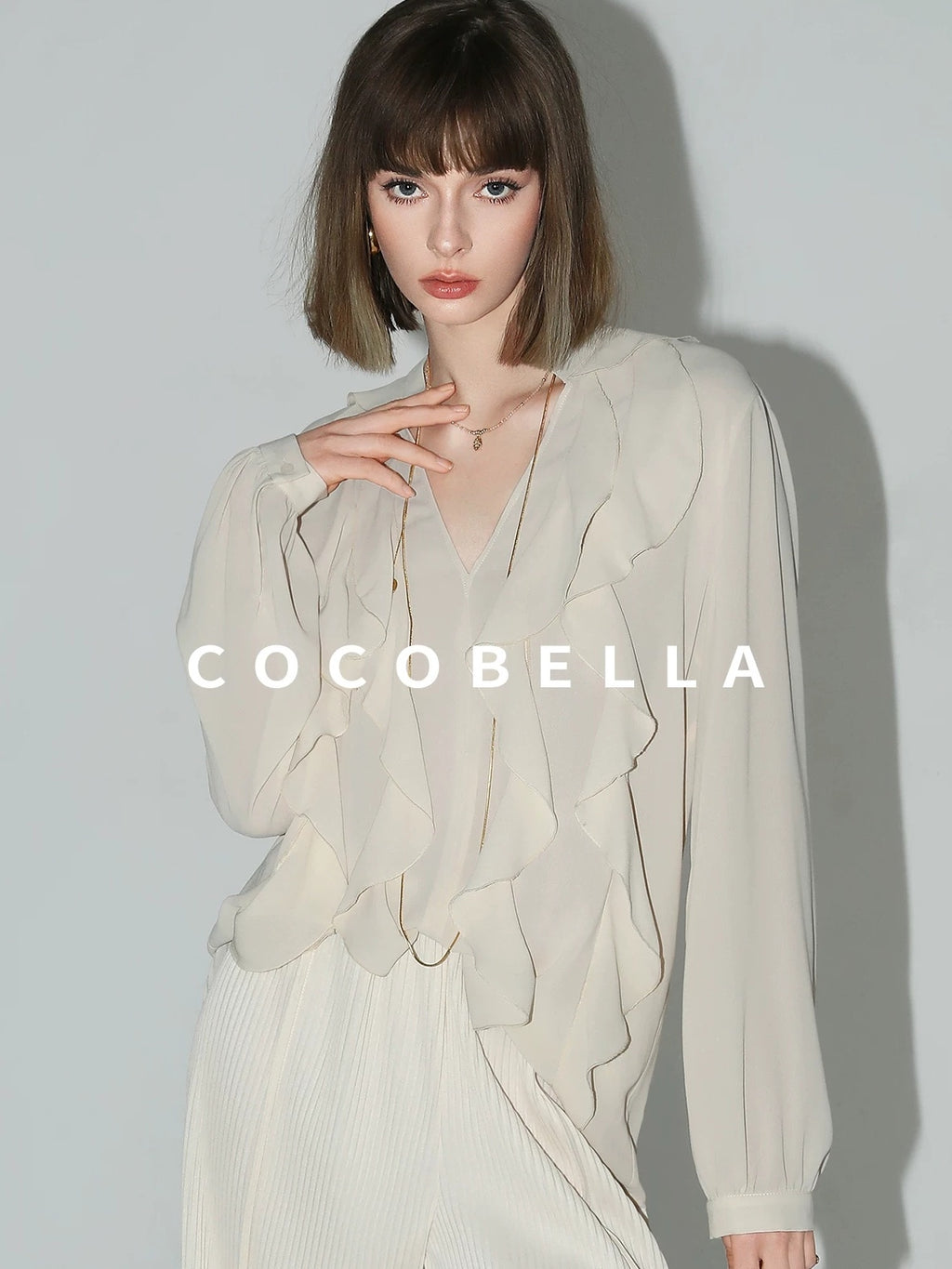 COCOBELLA Ruffle V Neck French Straight Cut Long Sleeve Women Polyester Beige Shirts