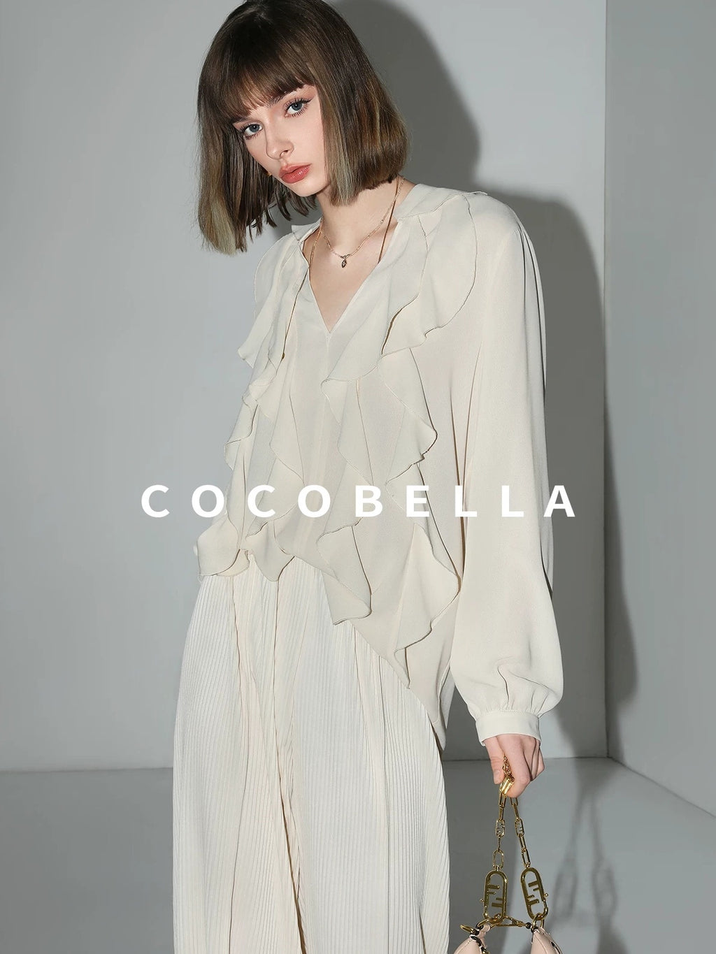 COCOBELLA Ruffle V Neck French Straight Cut Long Sleeve Women Polyester Beige Shirts