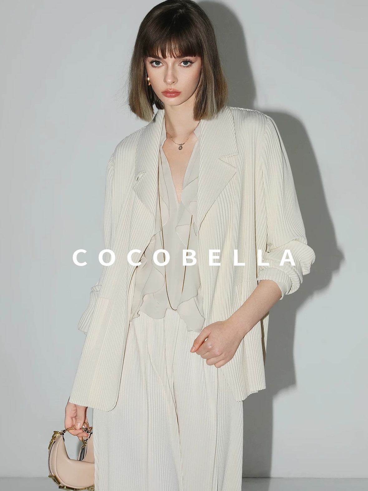 COCOBELLA Ruffle V Neck French Straight Cut Long Sleeve Women Polyester Beige Shirts