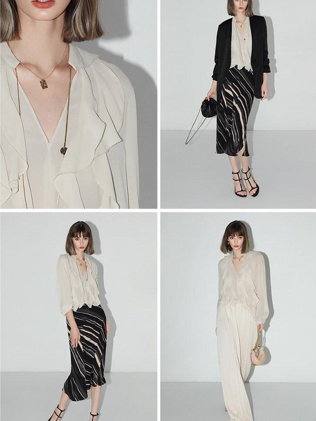 COCOBELLA Ruffle V Neck French Straight Cut Long Sleeve Women Polyester Beige Shirts