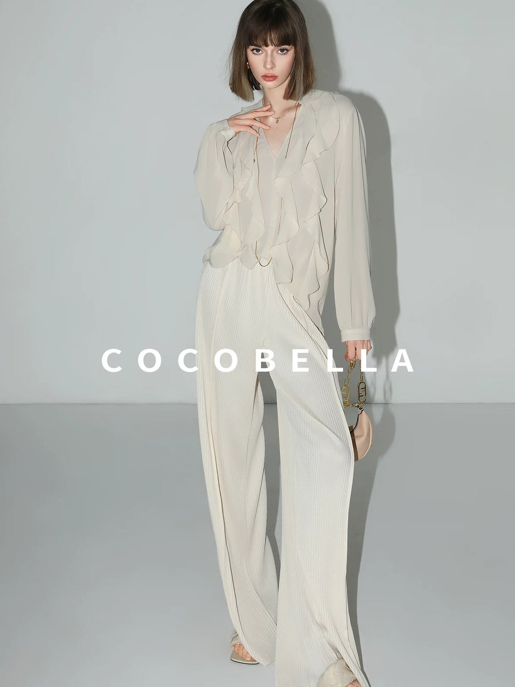 COCOBELLA Ruffle V Neck French Straight Cut Long Sleeve Women Polyester Beige Shirts