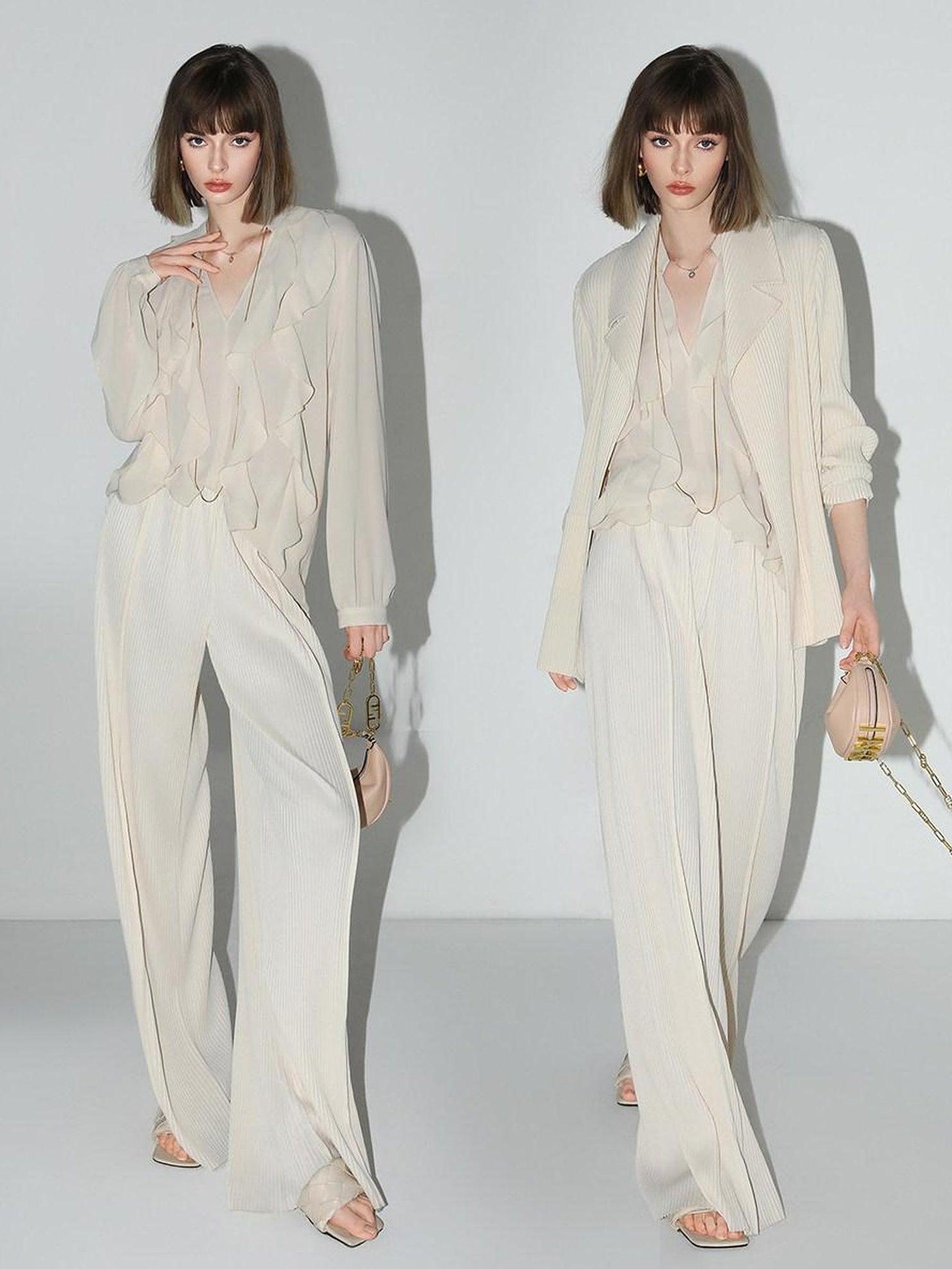 COCOBELLA Ruffle V Neck French Straight Cut Long Sleeve Women Polyester Beige Shirts