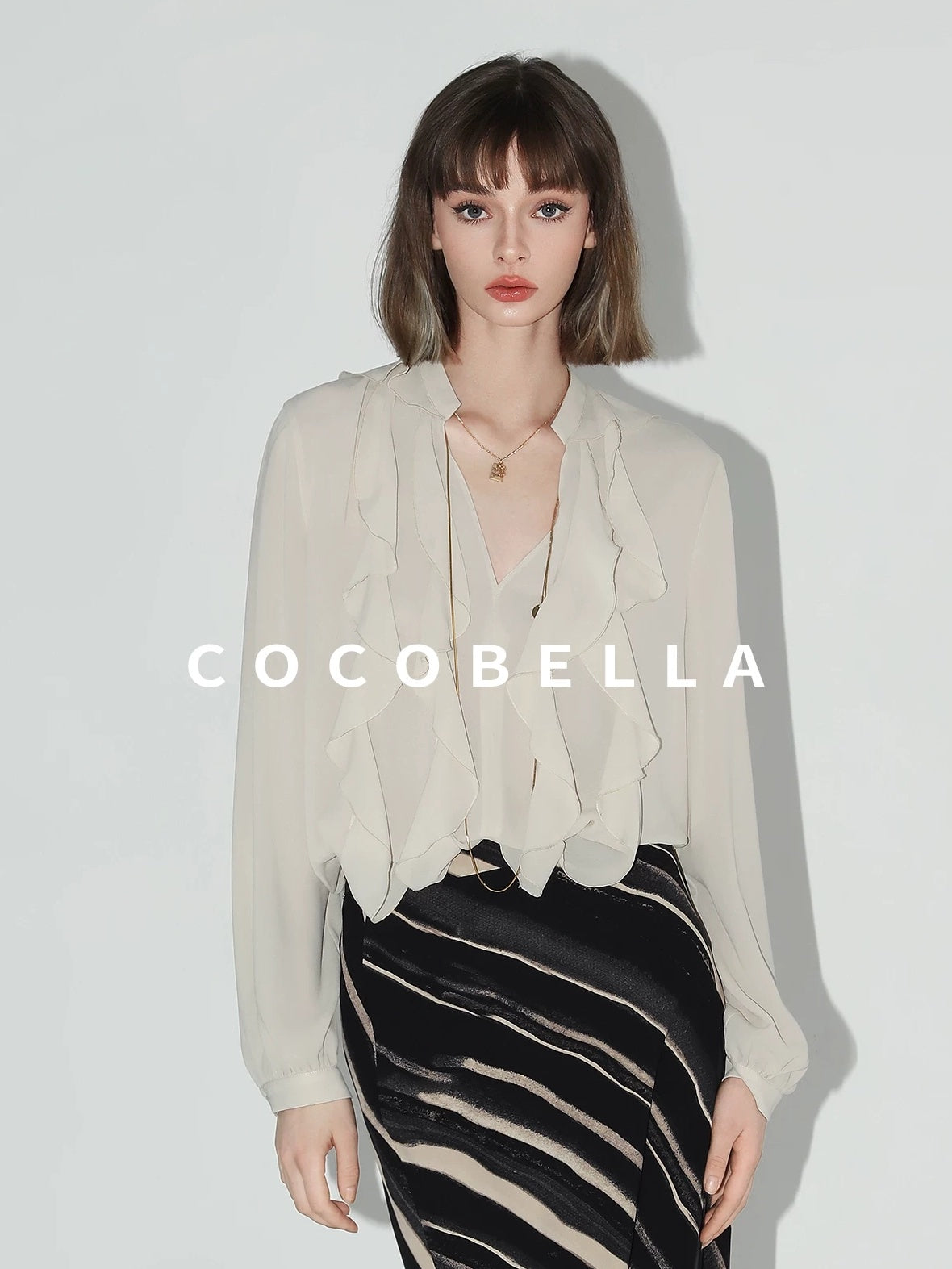 COCOBELLA Ruffle V Neck French Straight Cut Long Sleeve Women Polyester Beige Shirts