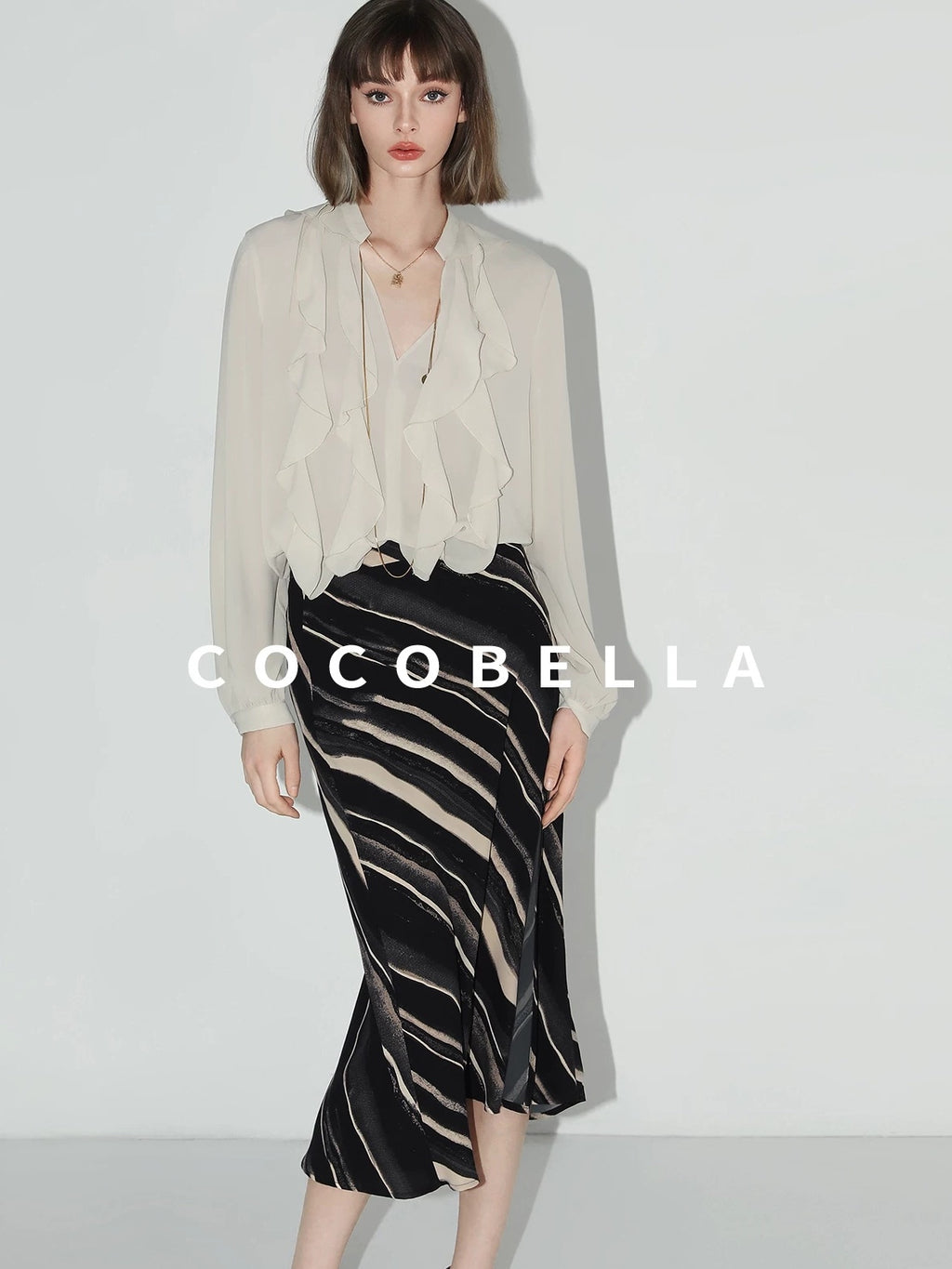 COCOBELLA Ruffle V Neck French Straight Cut Long Sleeve Women Polyester Beige Shirts