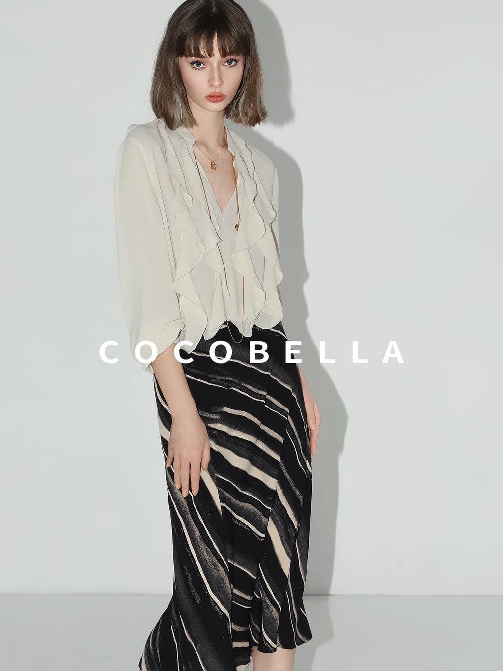 COCOBELLA Ruffle V Neck French Straight Cut Long Sleeve Women Polyester Beige Shirts